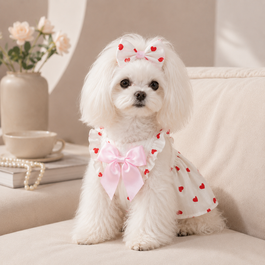 Cute Pet Dog Dress Heart Print Puppy Skirt Bowknot Princess Clothes for Small Dogs Cats
