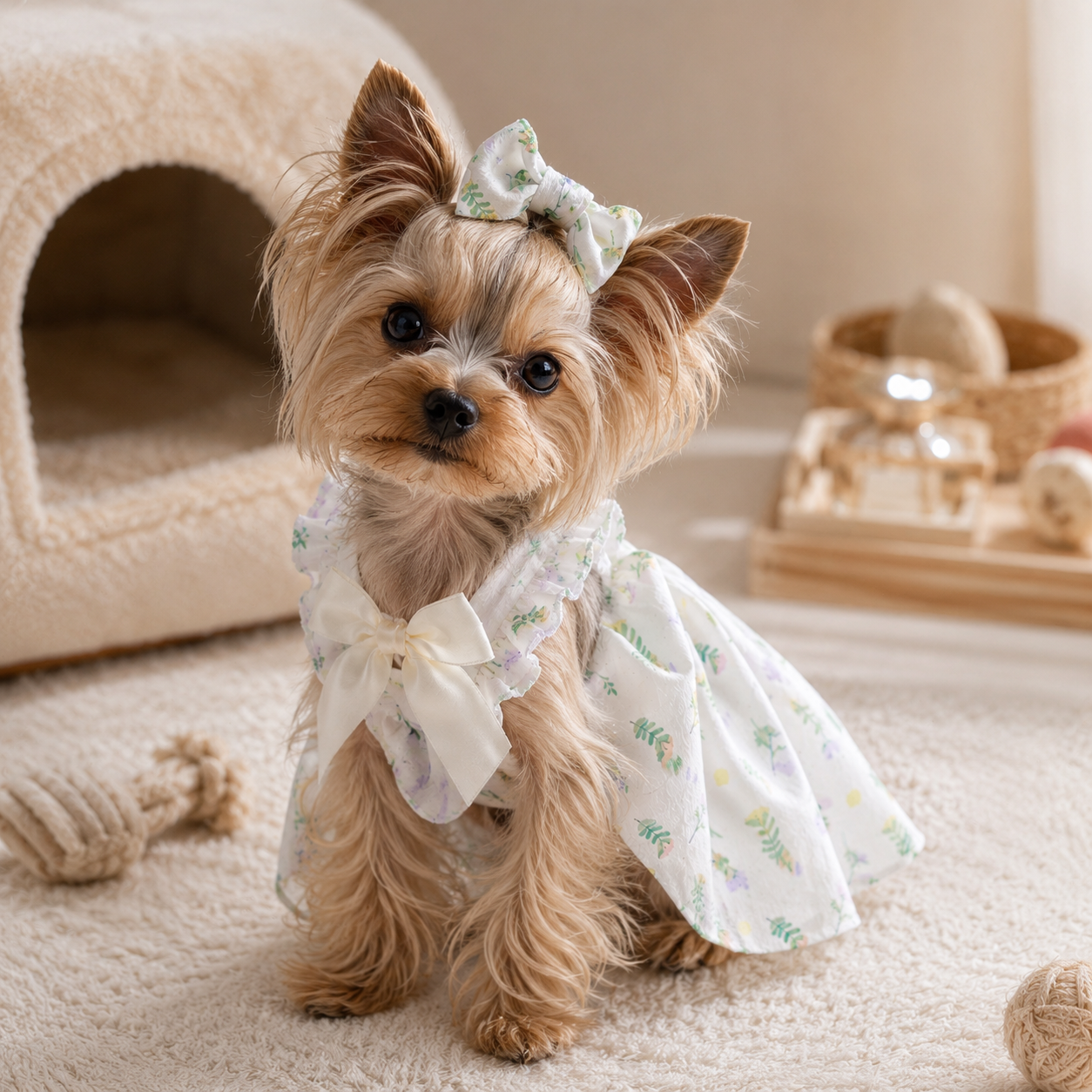 Floral Chiffon Pet Dress with Satin Bow for Small Dogs & Cats – Lightweight Summer Puppy Princess Dress