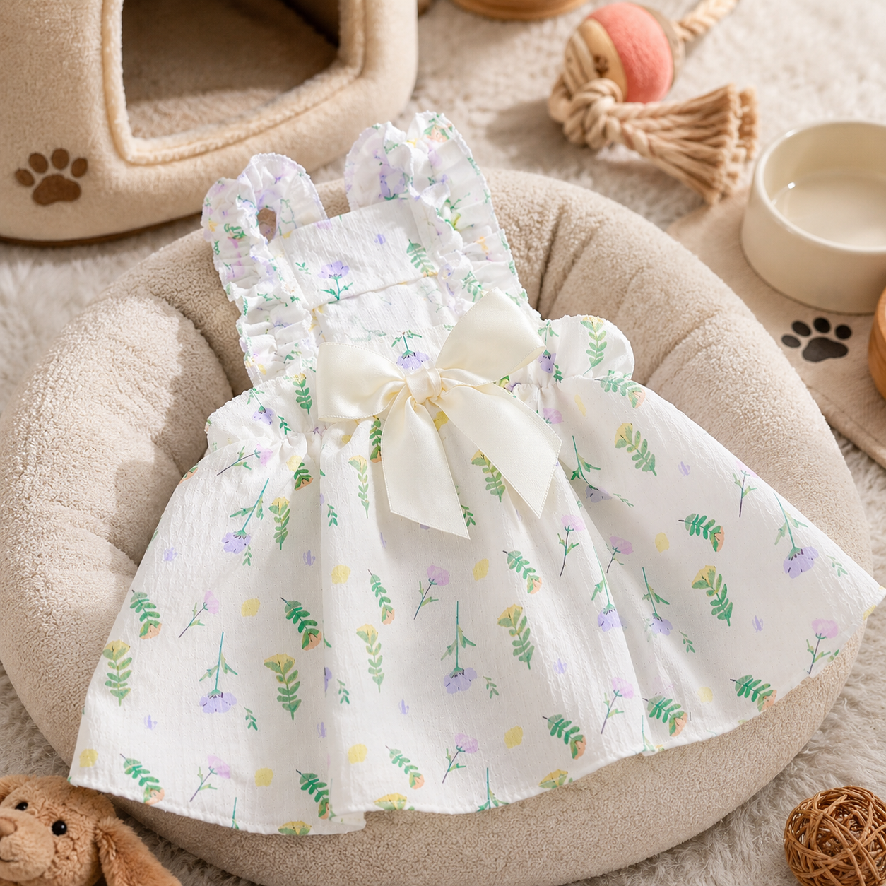 Floral Chiffon Pet Dress with Satin Bow for Small Dogs & Cats – Lightweight Summer Puppy Princess Dress