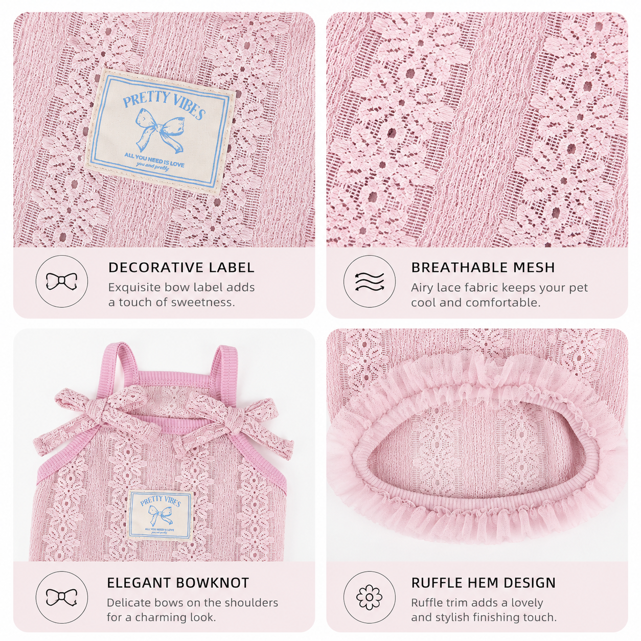 Pink Lace Dog Camisole Dress for Small Dogs | Breathable Pet Summer Vest