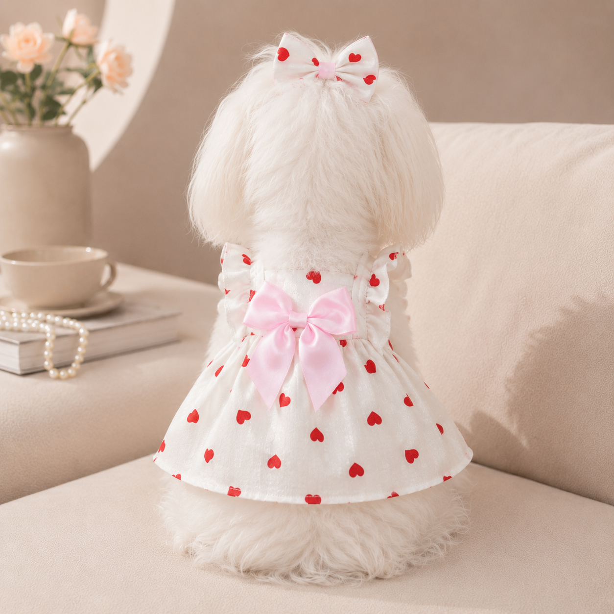 Cute Pet Dog Dress Heart Print Puppy Skirt Bowknot Princess Clothes for Small Dogs Cats