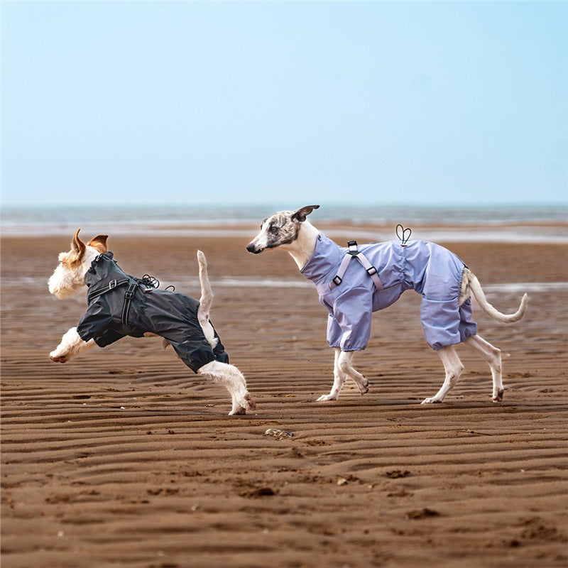 Waterproof 4-Leg Pet Clothes with Integrated Harness & Leash Attachment