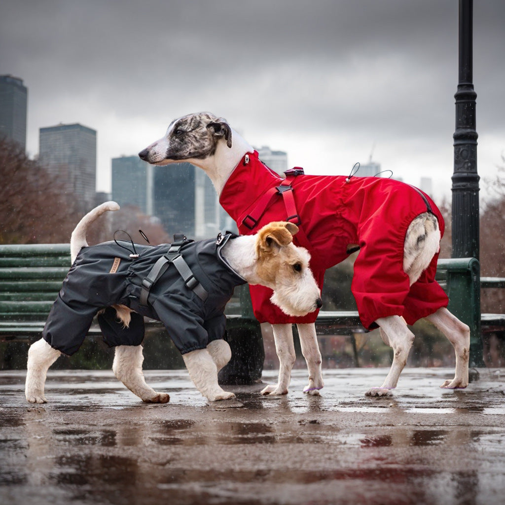 Waterproof 4-Leg Pet Clothes with Integrated Harness & Leash Attachment