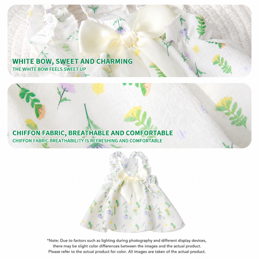 Floral Chiffon Pet Dress with Satin Bow for Small Dogs & Cats – Lightweight Summer Puppy Princess Dress